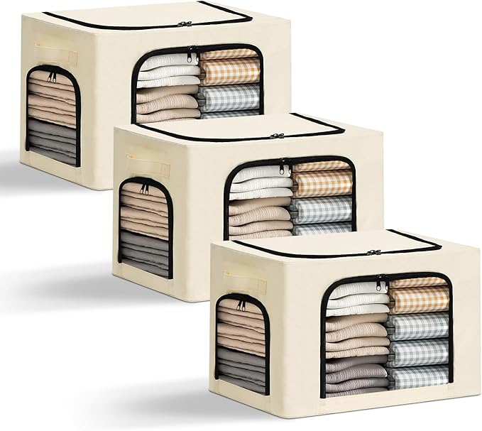 3-Pack Clothes Storage Bins with Metal Frame, Foldable 40L Linen Storage Boxes with Lids, Zippers & Durable Handles, Clear Windows (Cream)-NeatNest