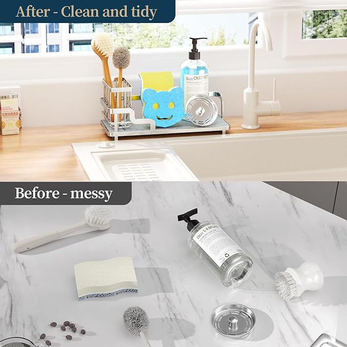 Consumest Sponge Holder for Kitchen Sink - Sink Caddy Organizer with Water Absorbing Stone Tray, Detachable Brush Holder, Stainless Steel Kitchen Counter Organizer Rack, Silver-NeatNest