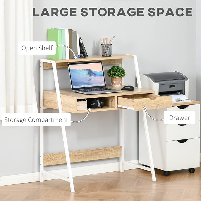 HOMCOM Home Office Desk, Computer Desk with A Frame for Small Spaces, Writing Table with Drawer and Storage Shelves, Natural-NeatNest