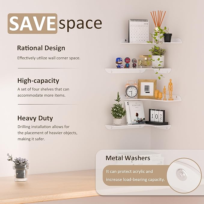 8x11.8 Inch Corner Shelf Wall Mount Set of 4, White Acrylic Corner Floating Shelves, Wall Organizer Shelf for Bathroom, Kitchen, Bedroom, Living Room, Dining Room, Office