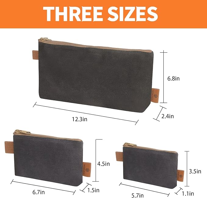 Canvas Zipper Pouch, 3 Pack Small Tool Pouch Organizer, Heavy Duty 16OZ Waxed Canvas Mini Zipper Bag Pouch, 5.7/6.7/12.3 Inch Tool Multipurpose Water Resistant Storage Pouches-NeatNest