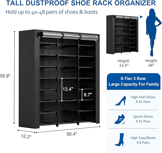 9-Tier Large Tall Shoe Rack with Covers 40-46 Pairs, Sneaker Rack Organizer Shoes Cabinet Closed Shelves Shoe Stand Holder for Garage Bedroom,Zapateras Organizer for Shoes 50 Pares-NeatNest