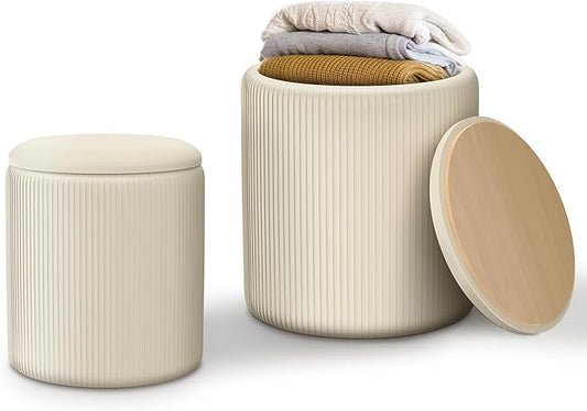 MCleanPin Round Ottoman with Storage, Velvet Vanity Stool, Multifunctional Foot Rest Seat, Set of 2 for Coffee Table, Living Room, Bedroom, Cream White