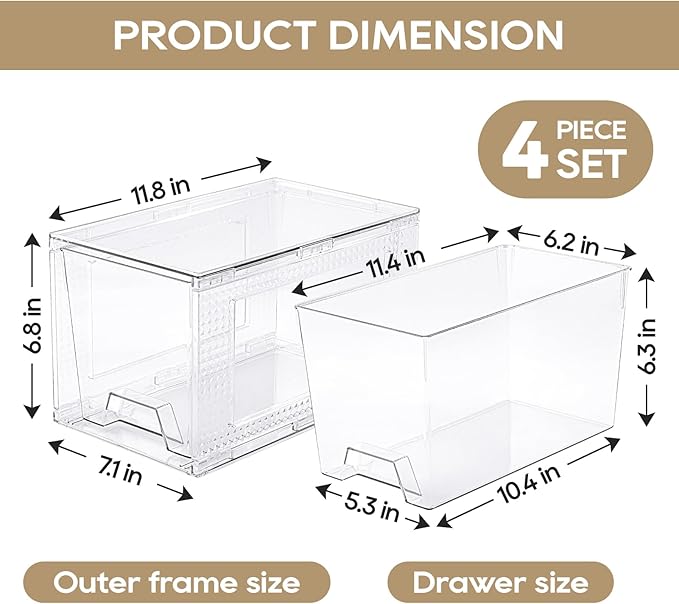 JollyPack 4 Pack Clear Stackable Storage Drawers, Easy to Assemble Multi-Use Bathroom Organizers and Storage, Suitable for Vanity, Bathroom, Makeup, Under Sink, Office, Kitchen and Pantry