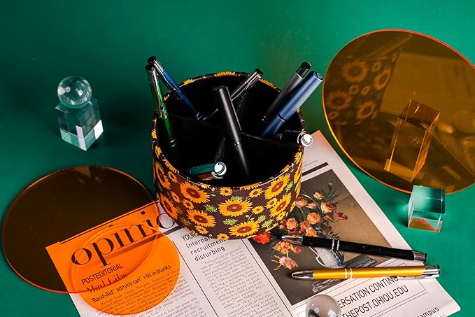 Hennaja Round Leather Art Supply Organizer,Remote Control Holder,360 Degree Rotating,Multi-Functional Pencil Holder,4 Compartments Desktop Stationary Organizer(1-Sunflower)-NeatNest