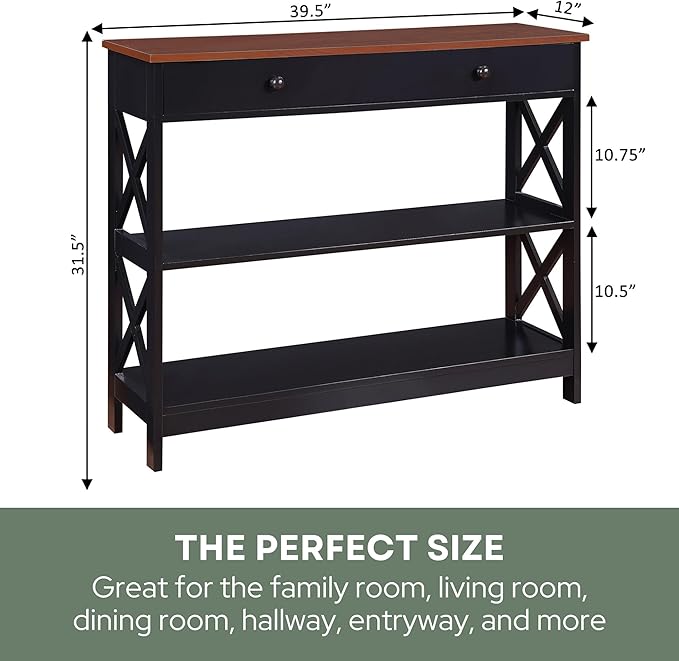 Convenience Concepts Oxford 1 Drawer Console Table with Shelves, Cherry/Black-NeatNest
