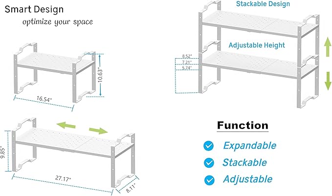 Expandable Shelf for Cabinet Organizer Adjustable Stackable Spice Rack at Kitchen and Bathroom More, Counter Countertop Cupboard Organization Pantry Storage(3 Packs/White,Medium)-NeatNest