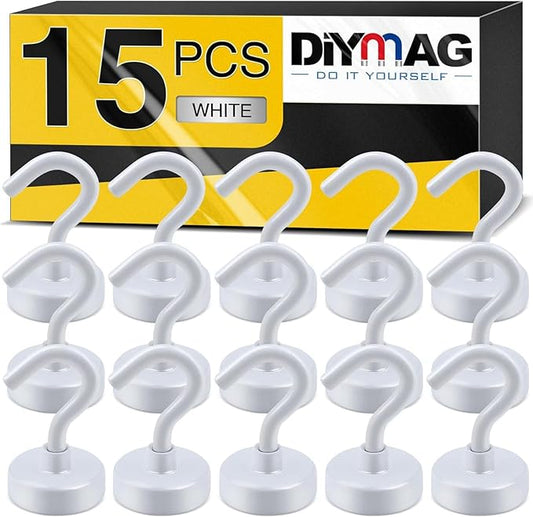 DIYMAG Magnetic Hooks, 30Lbs Strong Heavy Duty Cruise Magnet S-Hooks for Classroom, Fridge, Hanging, Cabins, Grill, Kitchen, Garage, Workplace and Office etc, (15 Pack-White)-NeatNest