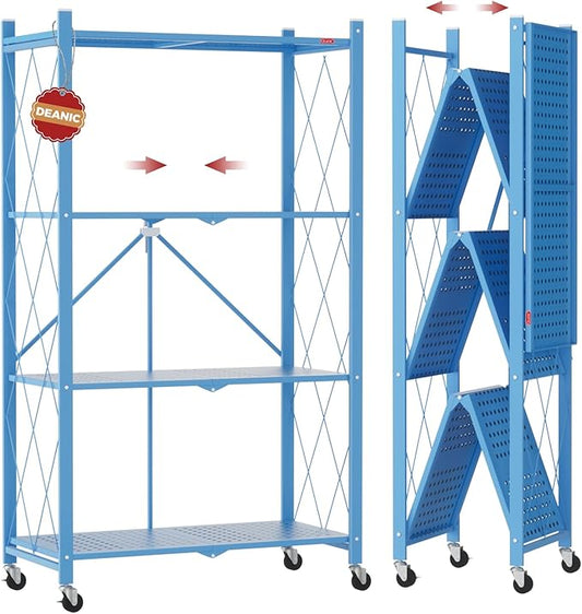 DEANIC 4 Tier Foldable Storage Shelves with Wheels, Large Capacity Shelving Unit, Freestanding Metal Wire Shelf Rack, No Assembly Organizer Rack for Garage Kitchen, Basement(Blue)-NeatNest