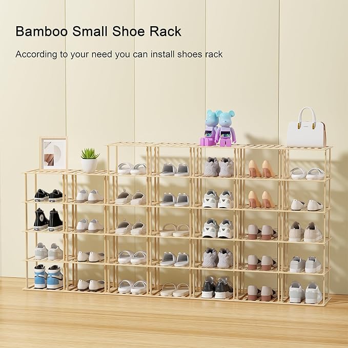 Bamboo Shoe Rack - Vertical Shoe Rack for Small Spaces, Skinny Shoe Shelf Space Saving Storage, Tall Vertical Narrow Shoe Rack for Front Door Entrance Closet Corner Garage-NeatNest