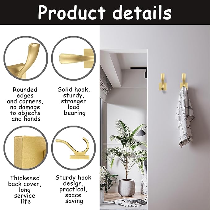 2 Pack Towel Holder for Bathroom Wall Hooks, Shower Bath Towel Rack Holder, Robe Hook Heavy Duty Coat Hooks Entryway Wall Mounted for Hanging Key Robe Hat Backpack (Golden)