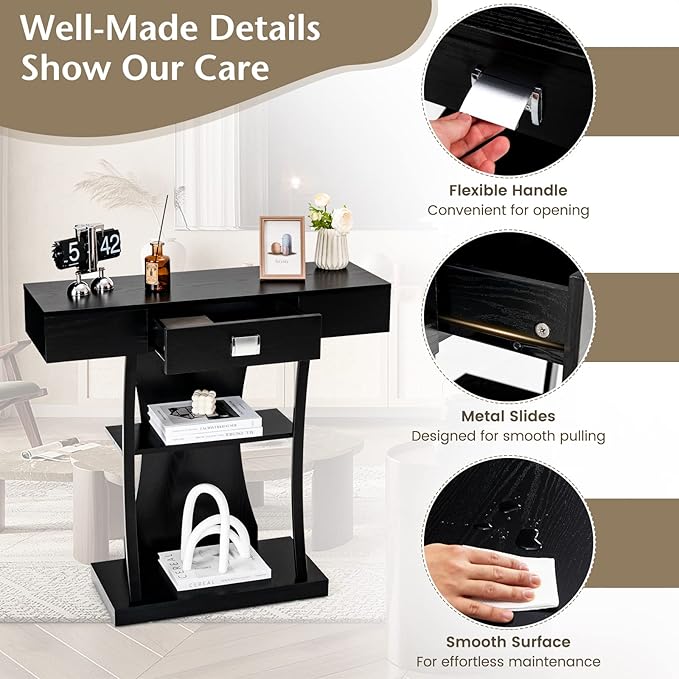 Giantex Narrow Console Table T-Shaped - Behind Couch Table with Drawer, Shelves, Dual Anti-Tipping Kits, Modern Foyer Table, Sofa Side Table for Living Room, Entryway, Hallway, Entry Table (Black)-NeatNest