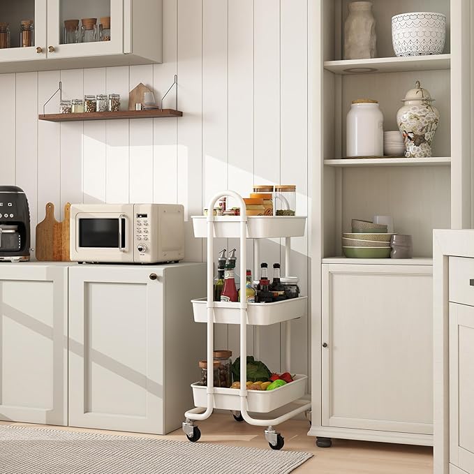 Sekey 3 Tier Rolling Cart Plastic, Easy Install Utility Cart on Wheels, Heavy Duty Storage Cart with Lockable Wheels for Baby Nursery, Bathroom, Kitchen, Laundry Room, White