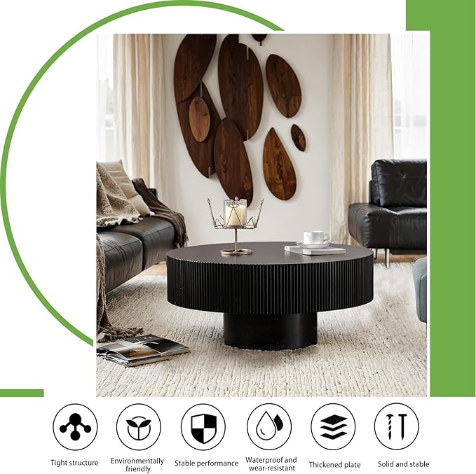 Handmade Round Grooved Drum-Shaped Coffee Table、Rustic Modern Circular Centerpiece for Living Room & Farmhouse Decor、Easy to Clean (B Black 30.9in)