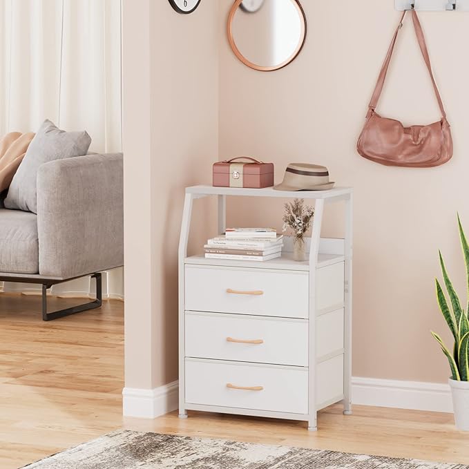 Furnulem White Nightstand with 3 Drawers and 2-Tier Shelf, Small Night Stand End Table Side Furniture, Fabric Storage Organizer for Bedroom, Closet, Hallway, Nursery, Sturdy Steel Frame, Wood Top-NeatNest