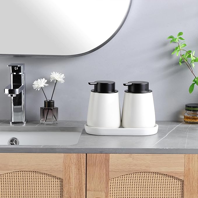 12Oz White Foam Soap Dispenser - Ceramic Foaming Hand Soap Dispenser Set with Easy-to-Press Pump, Refillable Liquid Dish Soap Dispensers for Bathroom and Kitchen, 2 Pack-NeatNest