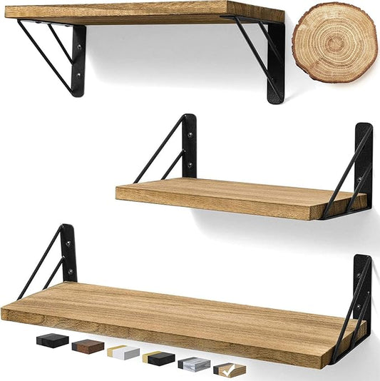BAYKA Wall Shelves for Bedroom Decor, Floating Wall Shelves for Living Room Kitchen Storage, Wall Mounted Rustic Wood Floating Shelves for Kids Books, Corner Shelves for Bathroom(Brown，Set of 3)-NeatNest
