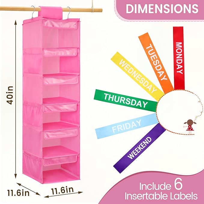 2 Pack 6-Shelf Weekly Clothes Organizer for Kids, Hanging Daily Closet Organization with 6 Side Pockets, Days of The Week Clothing Divider Storage for Boys and Girls (Pink)-NeatNest
