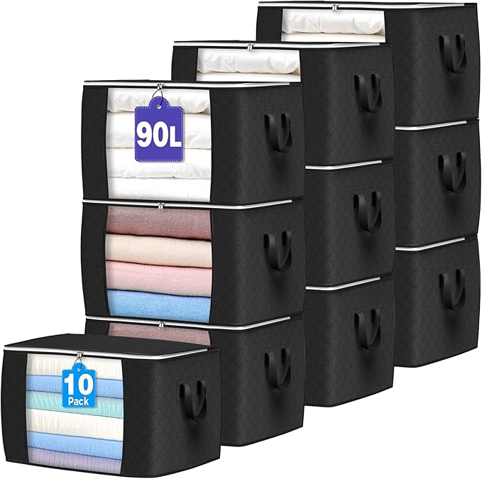 Budding Joy 90 L Large Storage Bags, 10 Pack Clothes Storage Bins Foldable Closet Organizers Storage Containers with Reinforced Handle for Clothing, Blanket, Comforters, Bed Sheets, Pillows (Black)-NeatNest