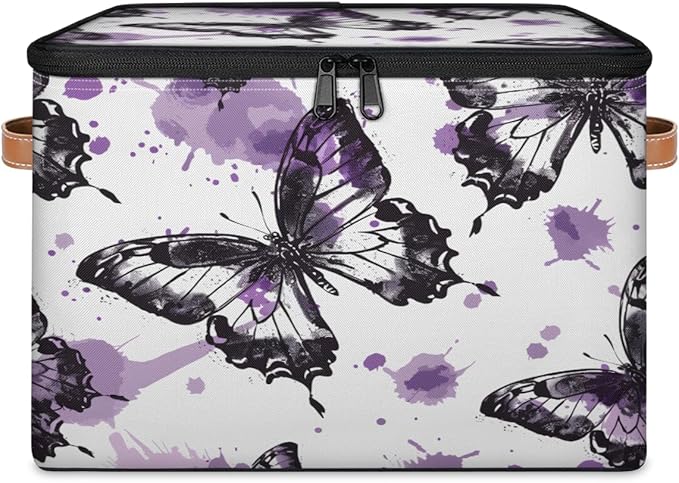 Butterfly Storage Bins with Zipper Lid, Watercolor Butterfly Lidded Storage Baskets Boxes Foldable Organizer with Leather Handles for Clothes Closet Shelf Toys-NeatNest