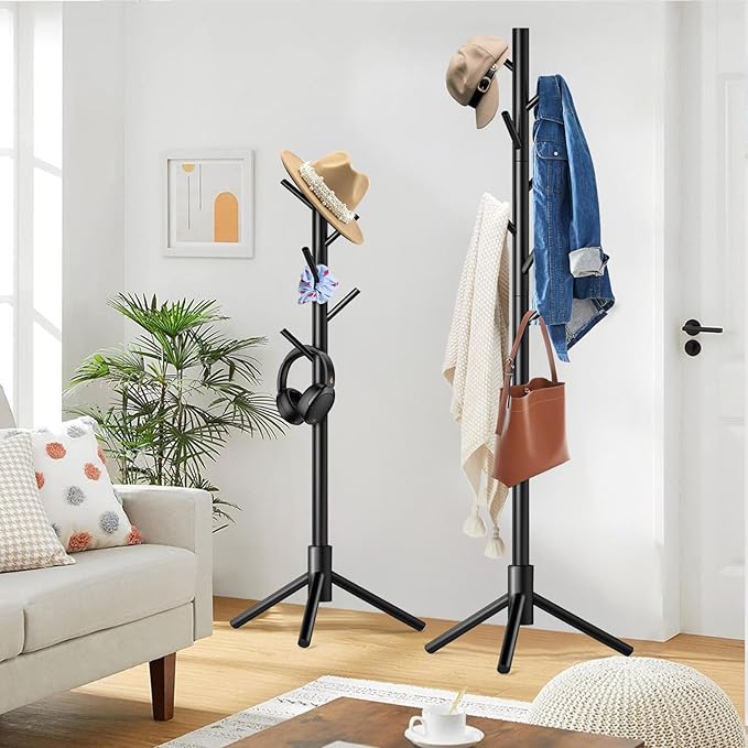 2 Pack Coat Rack, Solid Wood Coat Rack Freestanding with 8 Hooks & 3 Adjustable Heights, Simple Assembly Coat Tree for Hats, Bags, Wooden Coat Hanger Stand for Bedroom, Entryway, Office-NeatNest