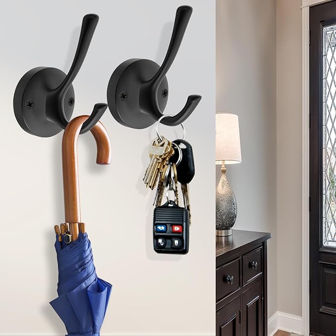 Black Wall Hooks Towel Hooks, 3 Pack Coat Hooks Robe Hook Heavy Duty Metal Double Bath Hook Wall Mounted, Hand Towel Hooks for Entryway Bathroom Kitchen Closet Garage-NeatNest