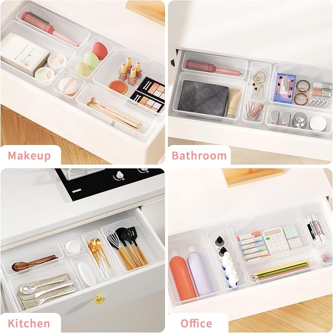 15 PCS Clear Plastic Drawer Organizer Set, 4 Sizes Versatile Bathroom Drawer Organization and Storage Trays, Non-Slip Desk Vanity Storage Bins for Makeup Jewelry Kitchen Utensil Gadget Office-NeatNest