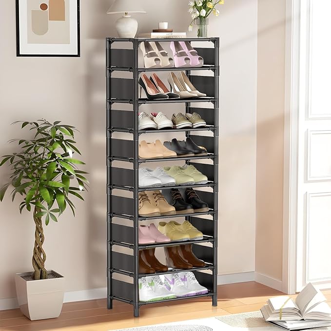 10 Tiers Vertical Shoe Rack Up to 20-25 Pairs, Sturdy Metal Narrow Shoe Shelf, Space-Saving Tall Shoe Rack for Closet,Bedroom Hallway Garage Living Room-NeatNest