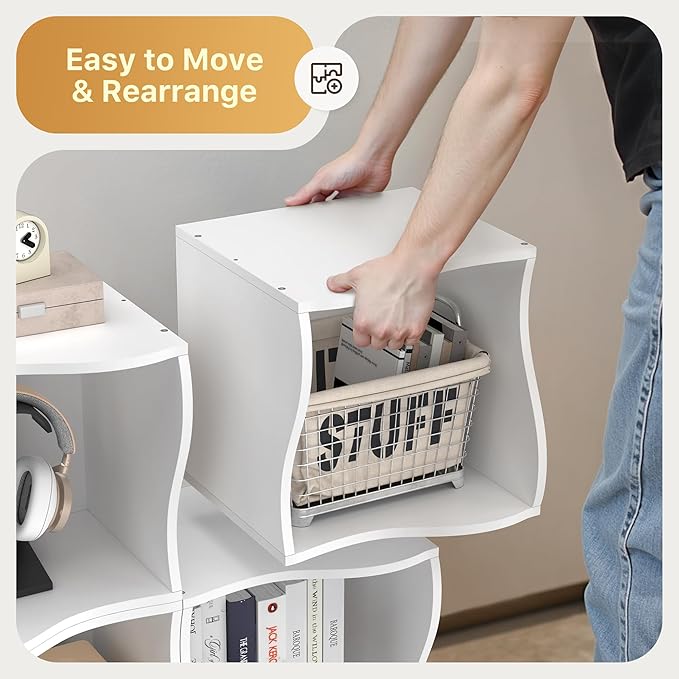 4 Cube Storage Organizer Shelf, Stackable Wooden Bookshelf, Modular Bookcase for Bedroom, Living Room, Office, Study (White)
