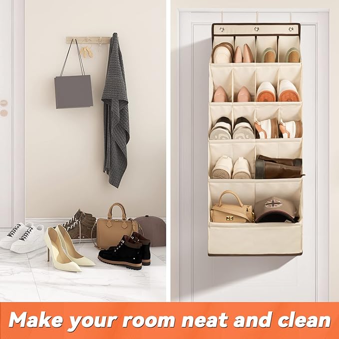 FENTEC 1 Pack Over the Door Shoe Organizers, Hanging Shoe Organizer with Large Deep Pocket Shoe Holder for Closet Shoe Rack for Wall, Over Door Shoe Storage Hold up to 18 Pairs Shoe, Beige-NeatNest