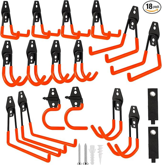 Garage Hook Heavy Duty Wall Storage Hangers, 18 Pack Garage Storage Hooks Steel Tool Organizer Orange for Ladders, Ropes, Garden Tools-NeatNest