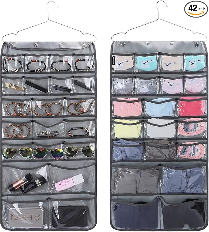 Dual Sided Hanging Organizer for Jewelry Makeup Storage Closet Organizers for Bows Socks Underwear with 42 Clear Pockets (GREY)-NeatNest