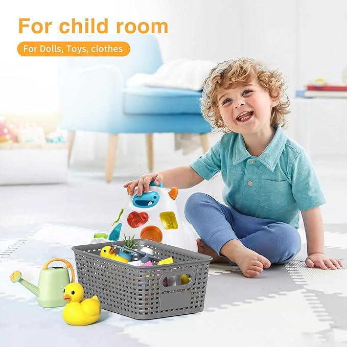 Gray Plastic Storage Baskets - Pack of 8 with Labels Stackable Durable Storage Bins, Storage Containers for Organizing Desks, Closets, Playrooms, Classrooms, Offices