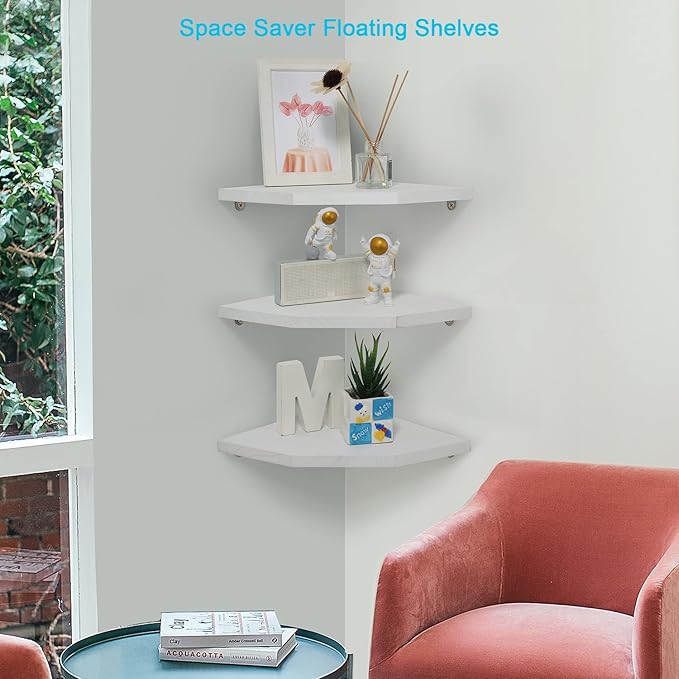 Joiishom Corner Wall Shelf Set of 3, Floating Corner Shelves, Rustic Wood Wall Storage Display Shelves for Living Room Bedroom Bathroom Kitchen (Fanshaped-White)-NeatNest