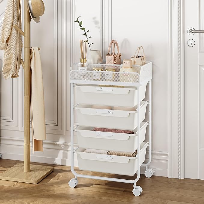 Rolling Cart with 4 Drawers,Craft Cart,Rolling Storage Cart with Drawer,Storage Cart with Drawers, Utility Cart with Drawers,Rolling Drawer Cart & 4 Dividers & 4 PCS DIY Lable,White