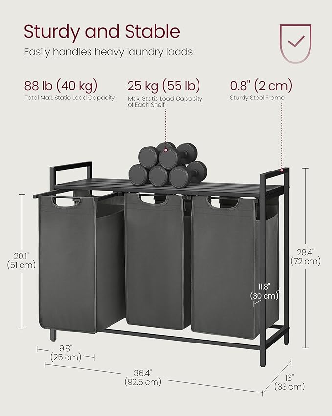 VASAGLE Laundry Hamper, Laundry Basket, Laundry Sorter with 3 Pull-Out and Removable Bags, Shelf, Metal Frame, 3 x 10.6 Gallons (40 L), 36.4 x 13 x 28.4 Inches, Slate Gray and Charcoal Gray UBLH301G01-NeatNest