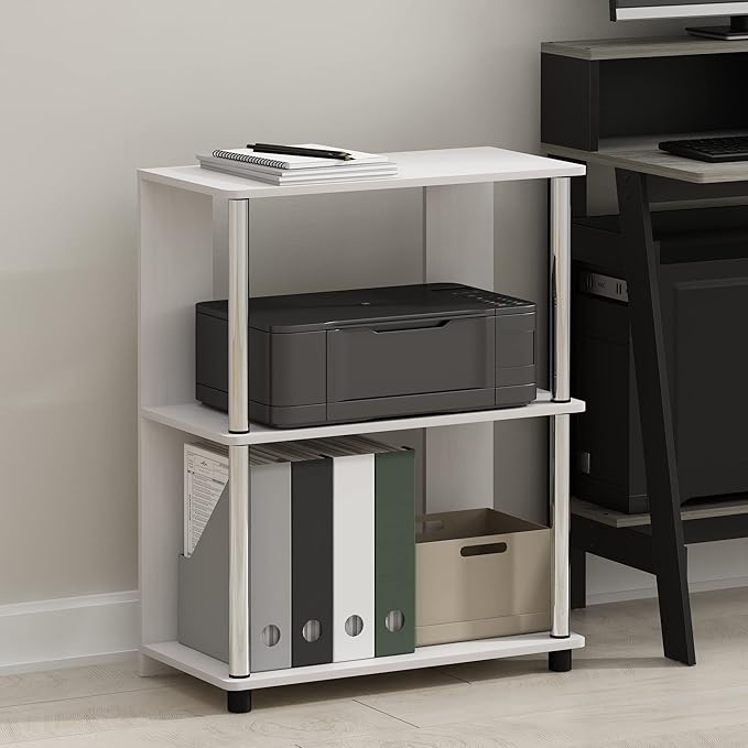 Furinno Jaya Simple Design 3-Tier Bookcase / Bookshelf / Display Rack with Stainless Steel Tubes, White Oak-NeatNest