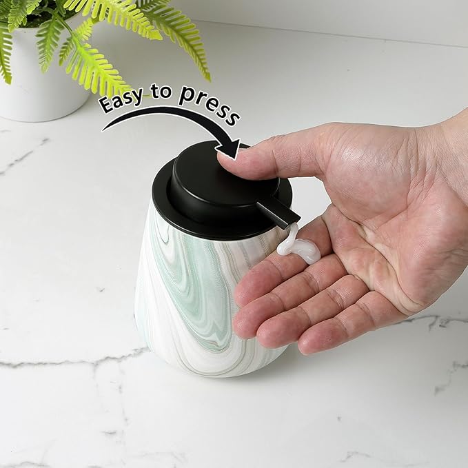 12Oz Ceramic Liquid Soap Dispenser - Modern Lotion Hand Soap Dispenser with Easy-to-Press Black Pump, Reusable and Refillable Dish Soap Dispensers for Bathroom & Kitchen, Marble Green-NeatNest