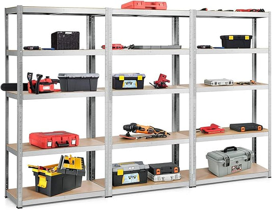 ERGOMASTER 5 Tiers Steel Shelves for Storage Heavy Duty Garage Organization Utility Shelf Rack for Books, Kitchenware and Tools 72 x 16 x 108 in (Set of 3,Silver)