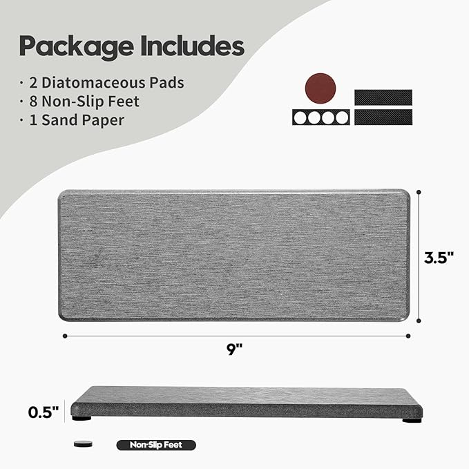 2PCS Bathroom Counter Vanity Trays, Water Absorbing Diatomite Stone Quick Drying Mat for Kitchen Sink Counter, Dish Rack Soap Dispenser Sponge Holder Caddy Organizer, Light Gray, 9"x 3.5"-NeatNest