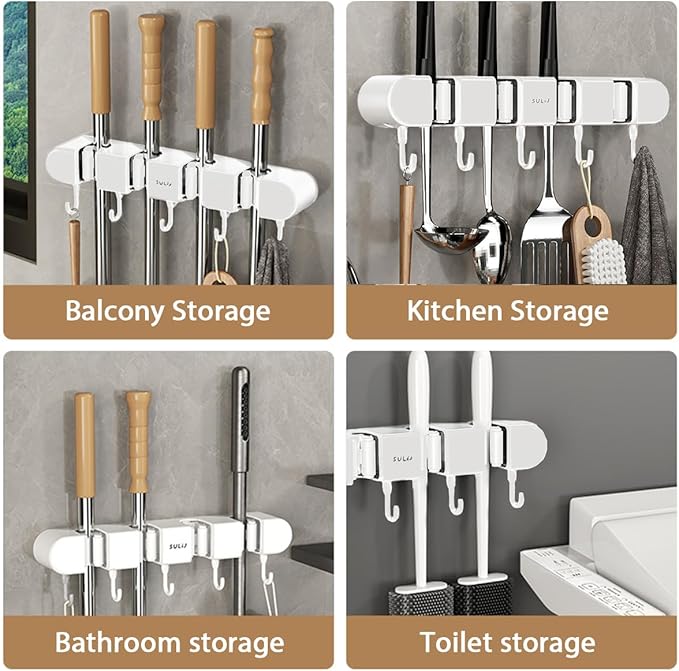 2Pcs Mop Holder with Hooks Wall Mounted Mop and Broom Holder Punch Free Broom Organizer Space Saving Broom Hanger Mop Clip Holder Hanging Mop and Broom Storage for Bathrooms Home,White (2)