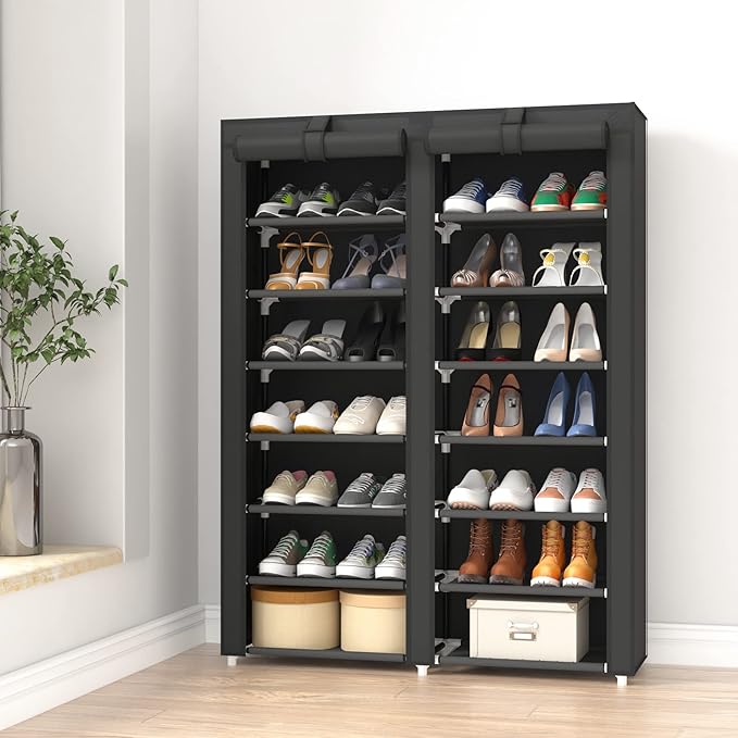 JIUYOTREE 7-Tier Shoe Storage Organizer with Dustproof Cover - Closet Cabinet Shelf Holds up to 28 Pairs - for Doorway, Corridor, Balcony, Living Room - Black-NeatNest