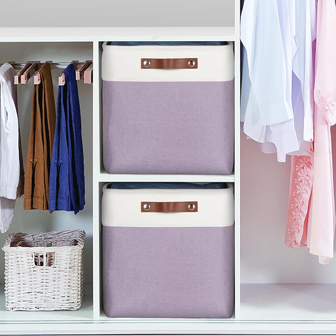 Univivi 13 x 13 x13 Cube Storage Baskets Storage Bins with Hard Bottom|PU Handles for Organizing,Foldable Fabric Storage Bins Decorative Organizer Baskets for Shelves,Closet (Purple)-NeatNest