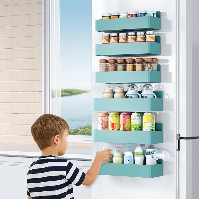 Magnetic Spice Rack for Refrigerator, Kitchen Organizer and Storage Shelf, Blue (6 Pack)…
