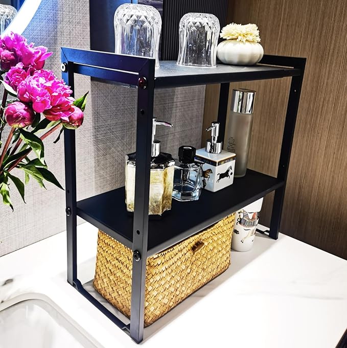 2 Tier Expandable Cabinet Shelf Organizer 14.5-25" L Kitchen Counter Shelf Rack Stand Sink Riser Countertop Storage Black (Normal 7.9”D)-NeatNest