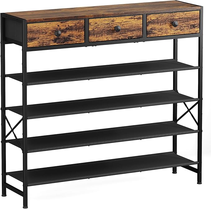 Shoe Rack, 5 Tier Shoe Organizer with 3 Drawers, Metal Shoe Storage for 24-30 Pairs of Shoes with Fabric Shelves and Wooden Top, Narrow Shoe Shelf for Closet Entryway Rustic Brown-NeatNest