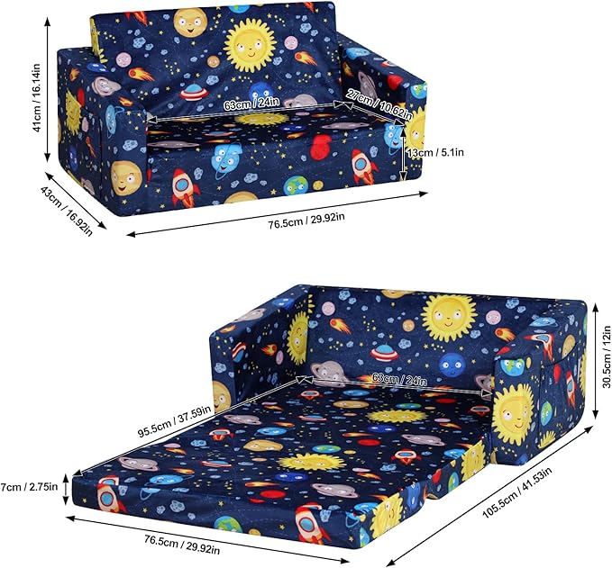 Foam Kid Sofa Couch, 2 in 1 Convertible Sofa to Bed for Baby,Velvet Toddler Sofa Chair with Side Pocket for Kid Playing (W29.92) (Blue)-NeatNest
