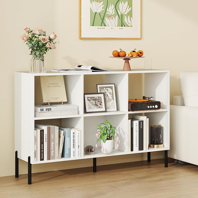 6 Cube Bookcase, Wood Storage Organizer with 5 Metal Legs, Bookshelf with Storage, Cubical Storage Shelf, Wooden Book Shelf, Display Shelves for Bedroom, Living Room, Entryway (White)