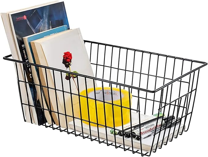 15.2" Metal Wire Baskets for Organizing 6 Pack, Household Pantry Storage Freezer Organizer Bins with Handles, Freezer Baskets for Upright Freezer, Refrigerators, Kitchen Cabinets, Black