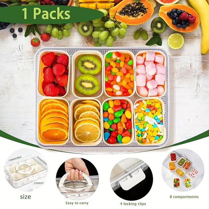 Food Storage Containers, 8 Compartment Snack Container with Dual Handles Reusable Divided Food Storage Boxes Fruit Serving Tray, Black